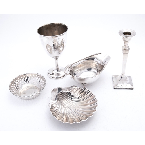 50 - A mixed group of silver items including; a chalice cup engraved 'For the Best Bitch', hallmarks almo... 