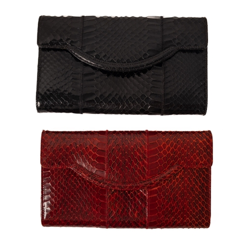 536 - Two clutch bags. A Red snakeskin clutch with scalloped flap with hidden press stud clasp, with cross... 