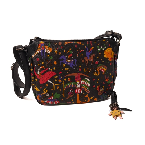 537 - Piero Guidi. A Magic Circus Piero Guidi handbag, with circus print on a black background, silver har... 