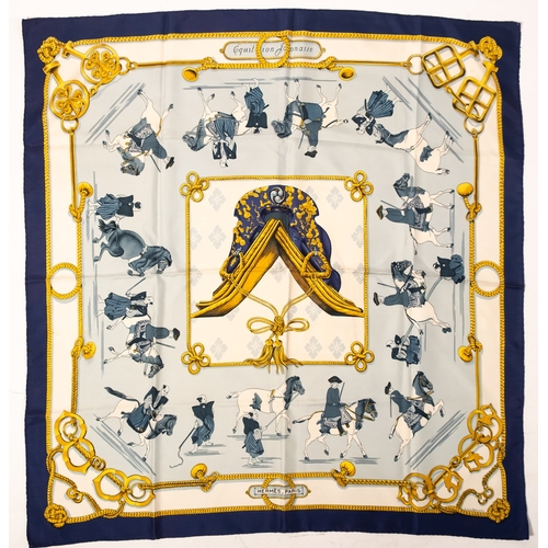 548 - Hermes. A silk Hermes scarf, Equitation Japonaise,  Francoise de la Perrier 1969, blue and gold, app... 