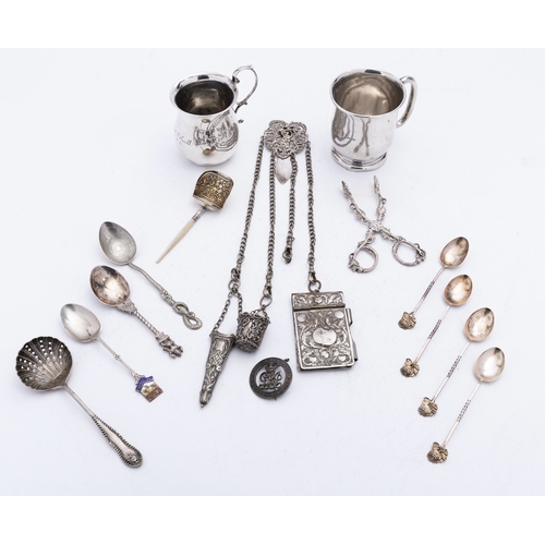 56 - A mixed group of silver including; a pair of cast Victorian tea tongs maker's mark poorly struck, Bi... 