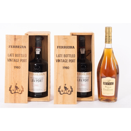 605 - One Pineau des Charentes, two Ferreira late bottled vintage Port 1980.