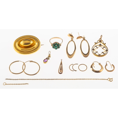 619 - A mixed group of jewellery items, including an antique oval Etruscan style brooch, unmarked, length ... 