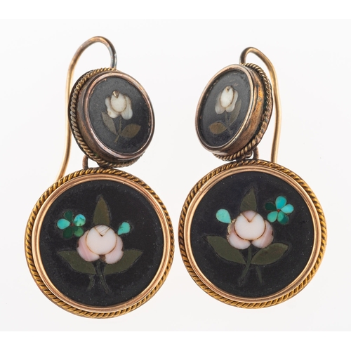 628 - A pair of Pietra Dura drop earrings, each set with two circular panels decorated with flowers, hook ... 