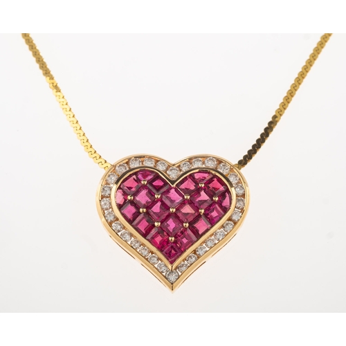 665 - A ruby and diamond heart pendant with chain, the pendant of heart form and set with square-cut rubie... 