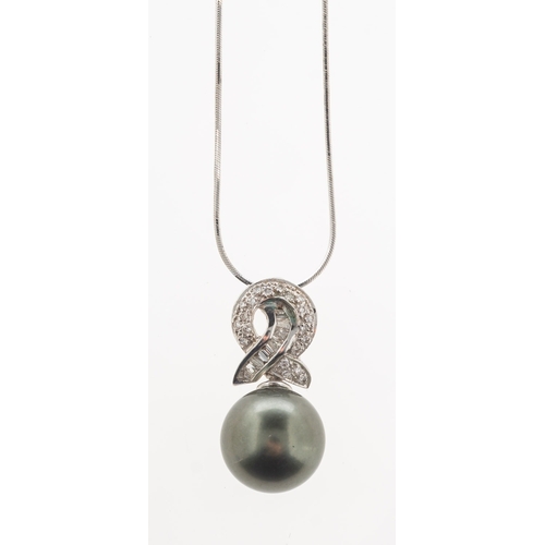 717 - A Tahitian pearl and diamond pendant with chain, the pendant with a crossover designed bale set with... 