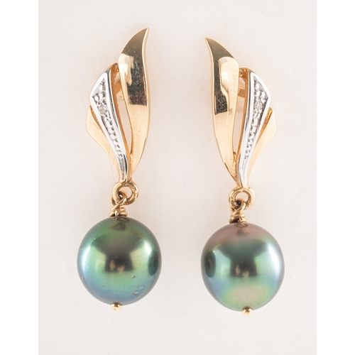 718 - A pair of Tahitian pearl and diamond drop earrings, each set with a single-cut diamond in an illusio... 