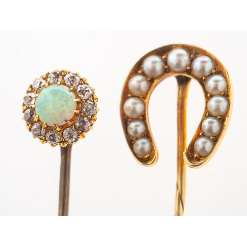 719 - Two antique stick pins, one set with an opal cabochon with a surround of old mine-cut diamonds, unma... 