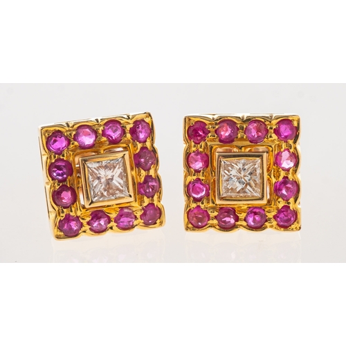 728 - A pair of ruby and diamond earrings, of square form and each set with a central princess-cut diamond... 