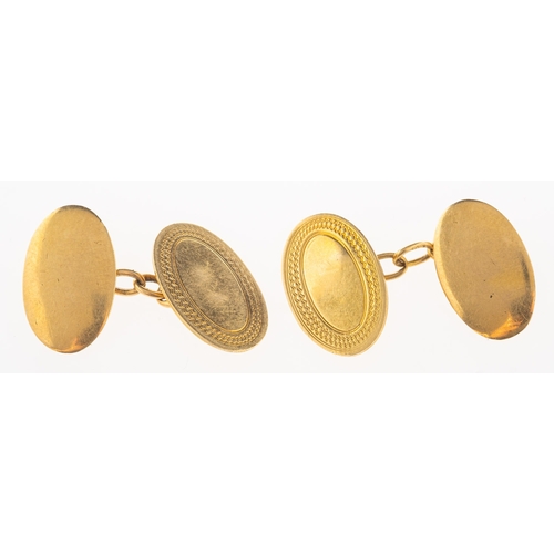 757 - A pair of 18ct gold cufflinks, a pair of oval cufflinks with an oval band of engine turned engraving... 