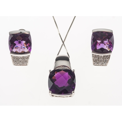 765 - An amethyst and diamond pendant with chain and a pair of similar earrings, the pendant set with a sq... 