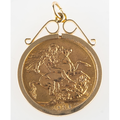 772 - A full sovereign in pendant mount, a George V 1926 full sovereign in a 9ct gold pendant mount, penda... 