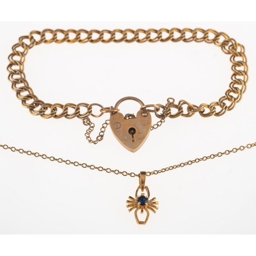 776 - Two items of jewellery, including a 9ct gold double-link curb bracelet, with heart padlock and safet... 