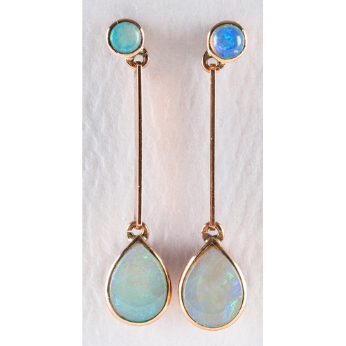 778 - A pair of 9ct rose gold opal drop earrings, each set with a circular-cut and a pear-shaped opal cabo... 