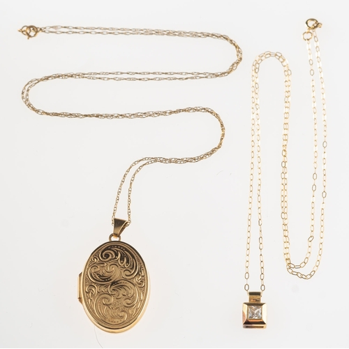 781 - Two pendants with chains, including a 9ct gold oval engraved locket, UK hallmark, length approx. 3.3... 