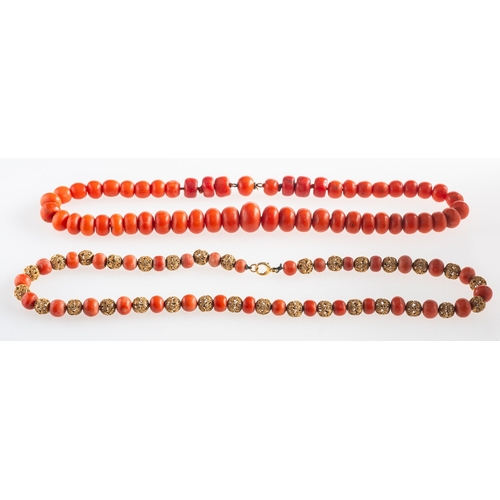 814 - Two coral bead necklaces, including a necklace with coral beads and alternating openwork filigree be... 