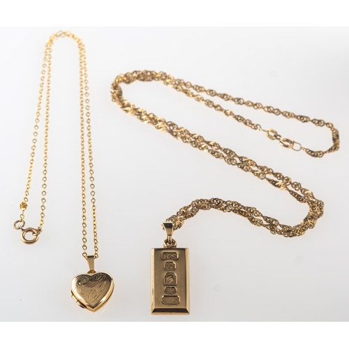 817 - Two pendants with chains, including a 9ct gold ingot pendant, UK hallmark, length approx. 3.5cm (inc... 