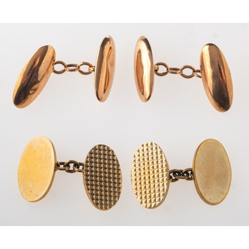 819 - Two pairs of 9ct gold cufflinks, including a pair of 9ct rose gold elongated oval cufflinks with cha... 