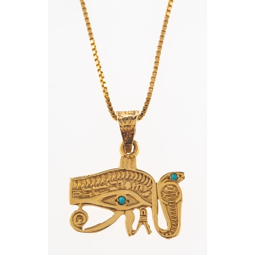 821 - An Egyptian hieroglyph pendant and chain, the hieroglyph pendant is set with two turquoise cabochons... 