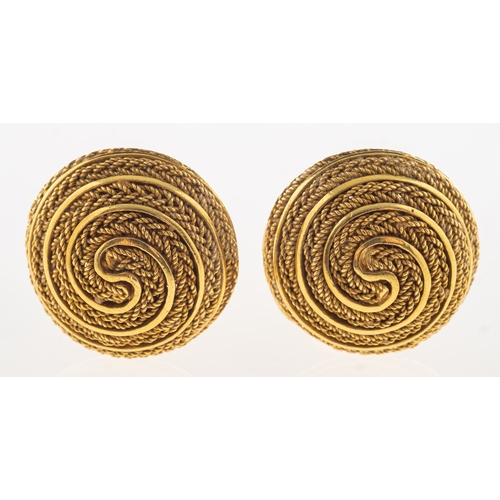 839 - A pair of rope twist earrings, of circular form with post and safety clip fitting, marked 18K to ver... 