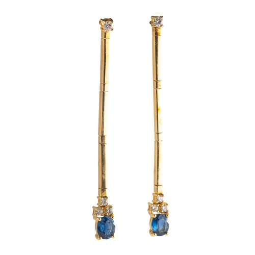 840 - A pair of sapphire and diamond drop earrings, of articulated bar form each set to the top with a bri... 