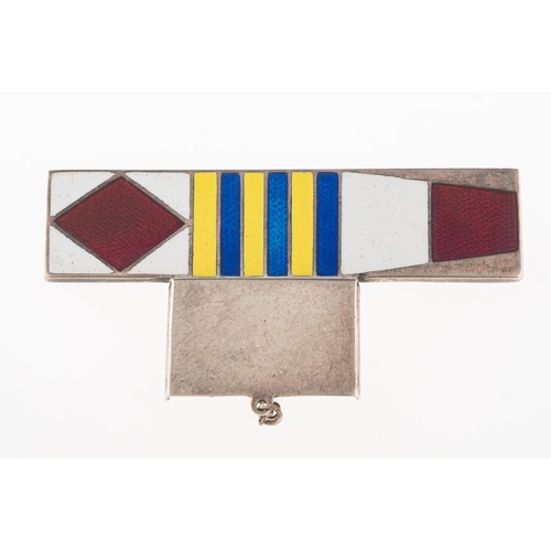 843 - A Naval silver and enamelled signal flag brooch, with a sliding cover attached by a safety chain, UK... 