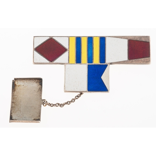 843 - A Naval silver and enamelled signal flag brooch, with a sliding cover attached by a safety chain, UK... 