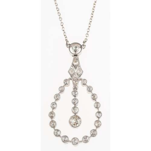 845 - A Belle Epoque diamond pendant with chain, the pendant of openwork teardrop form, milgrain and bezel... 