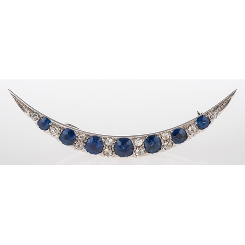 862 - A fine Victorian sapphire and diamond crescent brooch, grain set with seven graduated circular-cut a... 