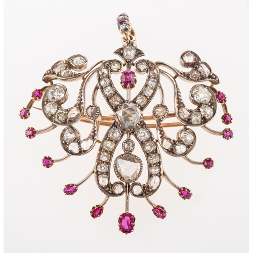 863 - An impressive Victorian diamond and ruby brooch/pendant, an ornate openwork brooch/pendant, grain & ... 