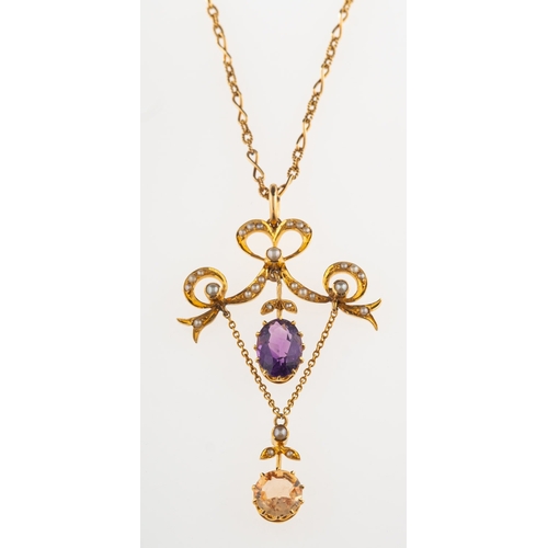 875 - A Victorian amethyst, topaz and seed pearl pendant with chain, an openwork pendant of ribbon form, s... 