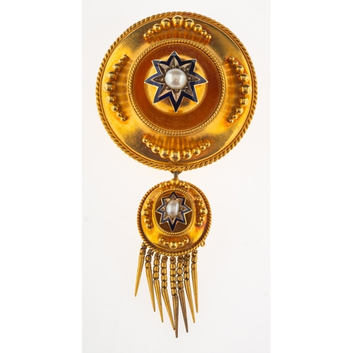 881 - A Victorian Etruscan revival brooch, of ornate circular form with a suspending oval fringe drop, bot... 