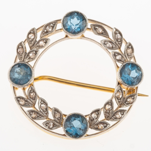 883 - An antique foliate brooch, of circular openwork form, collet and milgrain set with four circular-cut... 