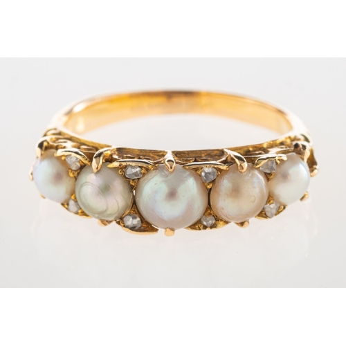 886 - A Victorian pearl and diamond ring, a half hoop ring set with five split pearls, interspaced by eigh... 