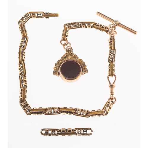 893 - A Victorian watch chain and fob, the watch chain of fancy-links with swivel clasp and T-bar, the swi... 