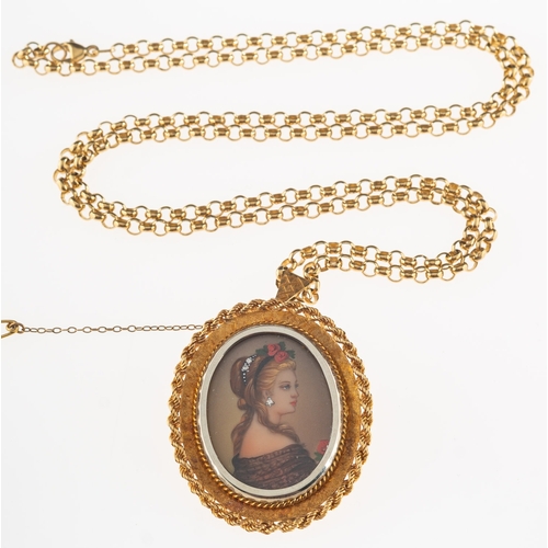 896 - An 18ct gold portrait miniature brooch/pendant with chain, an 18ct gold oval pendant with a hand pai... 