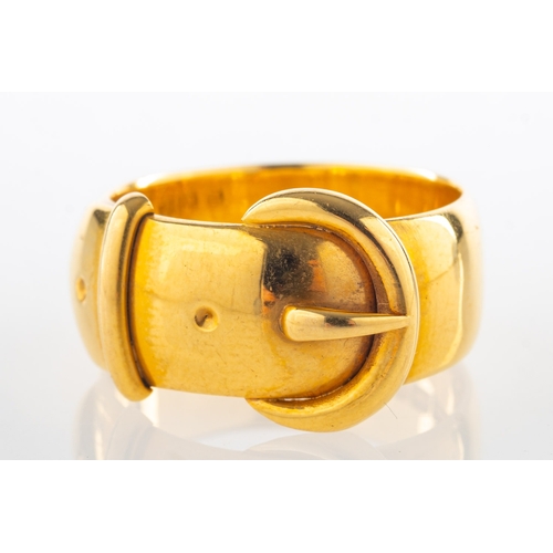 907 - An 18ct gold Victorian buckle ring, UK hallmark, Birmingham, 1863, size L1/2, 9.1grams.