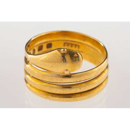 908 - An 18ct gold Victorian snake ring, UK hallmark, London, 1873, size M, 4.9grams.