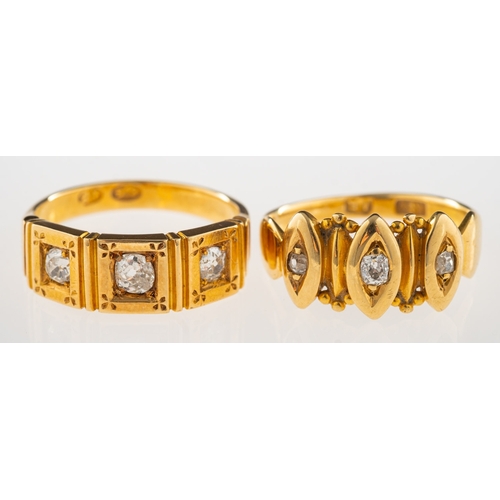 919 - Two Victorian diamond rings in a fitted box, including a ring set with three old-cut diamonds in a s... 