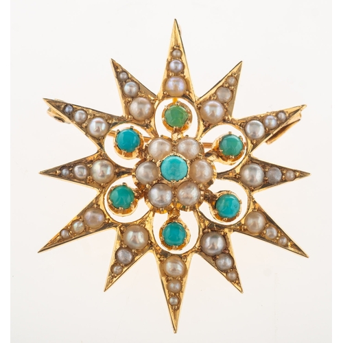 922 - A Victorian star brooch, claw and grain set with turquoise cabochons, split pearls and seed pearls, ... 