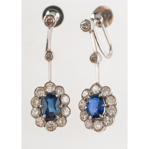 928 - A pair of antique sapphire and diamond drop earrings, a pair of screw-back earrings, each with a bar... 