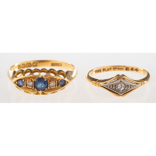 937 - An 18ct gold sapphire and diamond ring and a diamond ring, an 18ct gold early 20th century ring set ... 