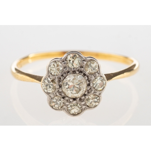 939 - An antique diamond daisy ring, a ring in the form of a flowerhead, set with old-cut diamonds, marked... 