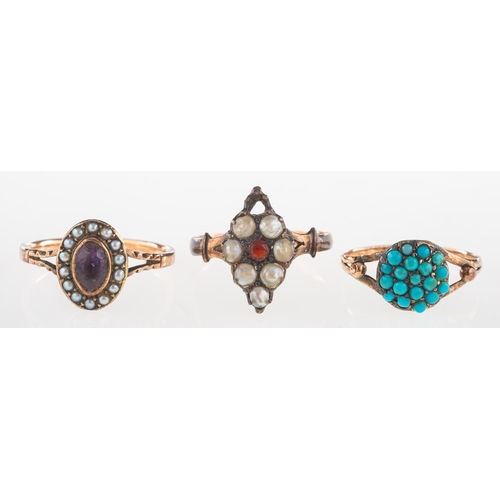 947 - Three antique rings, including a ring set with turquoise cabochons, enclosed back setting, split sho... 