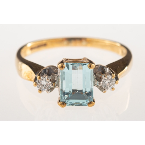 953 - A 9ct gold aquamarine and diamond ring,  with a rectangular-cut aquamarine, approx. 1.10 carats and ... 