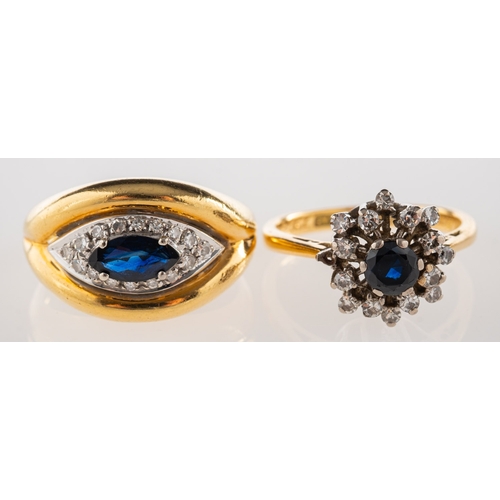 965 - A group of two sapphire and diamond rings, including a ring set with a central marquise-cut sapphire... 