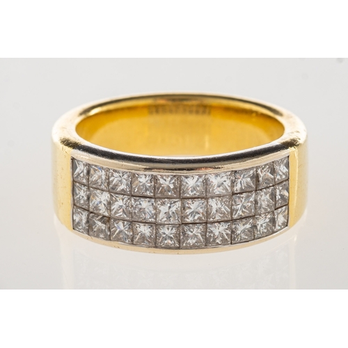 968 - A three row princess-cut diamond ring, a bi-colour ring set with three rows of princess-cut diamonds... 