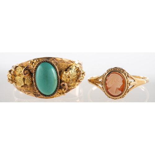 981 - An Arizona Gold turquoise ring and a cameo ring, an ornate ring set to the centre with an oval turqu... 