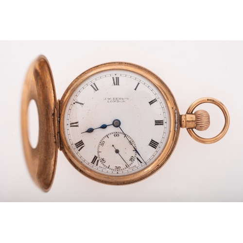 458 - J.W. Benson, a 9ct gold half-hunter pocket watch the white enamel dial having black Roman numerals, ... 