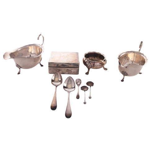 47 - A mixed group of silver; including a pair of Edward VIII silver sauce boats by A E Poston & Co Ltd, ... 